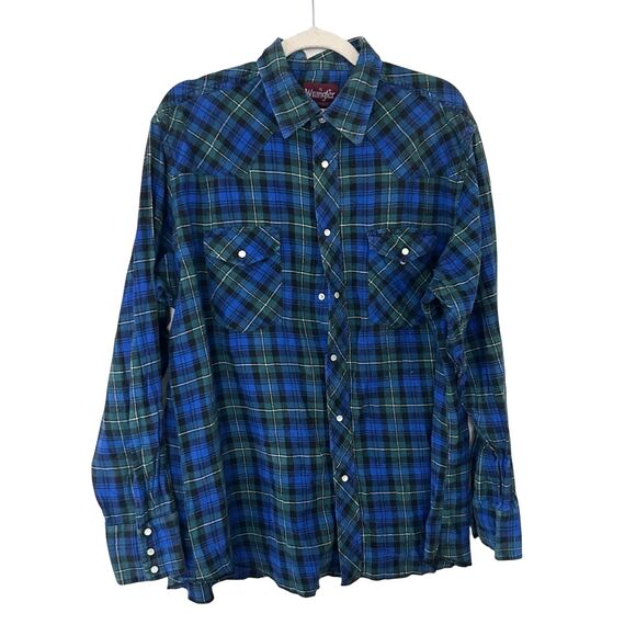Wrangler Western Shirt XL Plaid Flannel Snap Button Raw Hem Grunge Cowboy - Picture 1 of 7